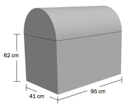 Kiste bestående av en rett firkantet prisme, med lengde på 95 cm, bredde på 41 cm og høyde på 62 cm, og en halv sylinder som lokk. 
